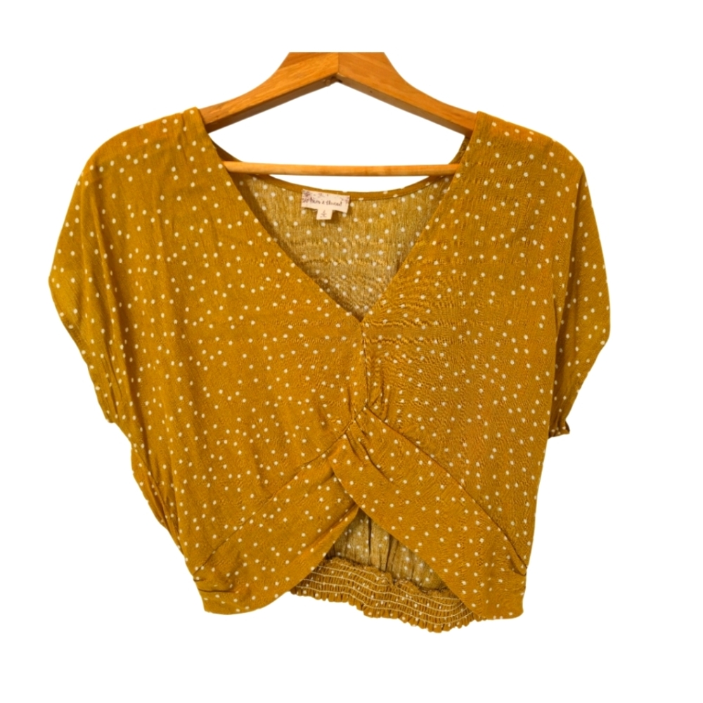 🌼3 for $15🦋 HEM & THREAD Polka‎ Dot Flowy Twist Ruched Crop Mustard Large